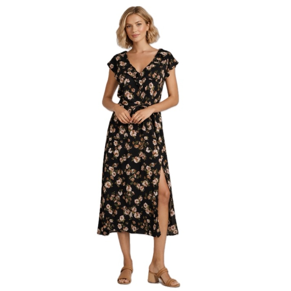 Time and Tru,  Floral Midi Dress | Size Large | Black Floral, Size L